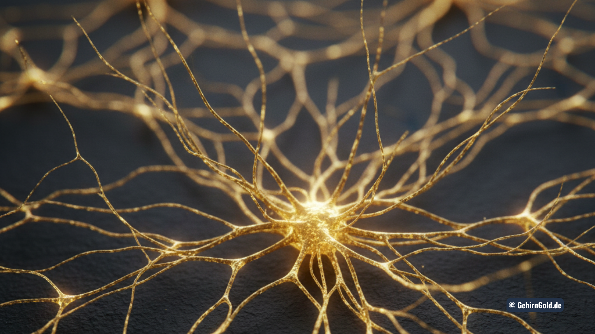 GehirnGold® Myzel Resilienz: Ein leuchtendes, goldenes neuronales Netzwerk, das Stabilität und Vernetzung symbolisiert.